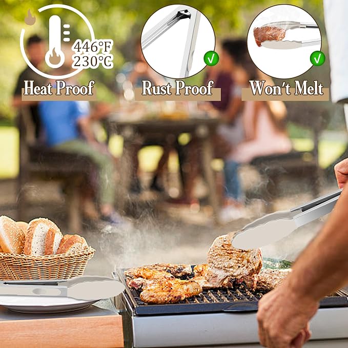TeamFar Kitchen Tongs, 9" and 12" Stainless Steel Cooking Tongs with Silicone Tips for Cooking Grilling Serving & BBQ, Heat Resistant Silicone Tongs, Locking Design & Dishwasher Safe, Set of 2 & Khaki