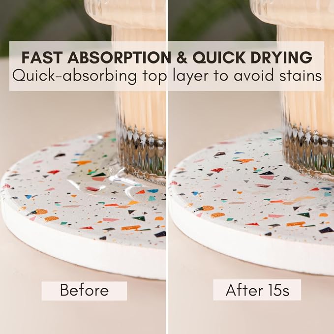 Terrazzo Coasters Set of 6, Ceramic Absorbent Drink Coasters, Cute Mid Century Boho Coaster, Coffee Table Desk Decor, Colorful Stone Coaster for Drinks