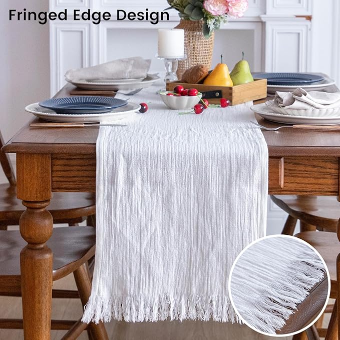Simple&Opulence Linen Cotton Table Runner - 14 x 108 Inch, Farmhouse Linen Table Runner with Fringed Edges for Bohemian Rustic Wedding, Bridal Shower, Dinner （ White ）