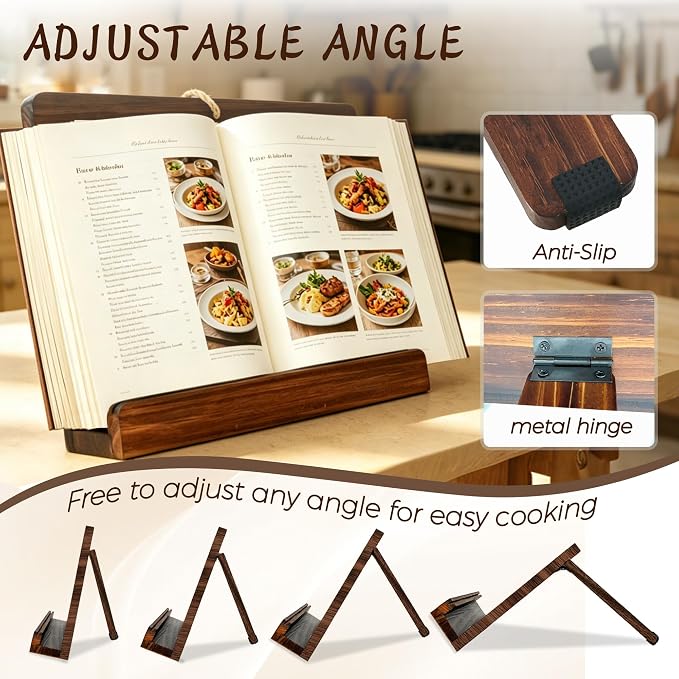 Cookbook Stand for Kitchen Counter, Acrylic Shield Recipe Book Holder, Wooden Cookbook Holder,Adjustable Easily Keep Books Open for Convenient Cooking, iPads Tablets, Retro Kitchen Decor Rustic Brown
