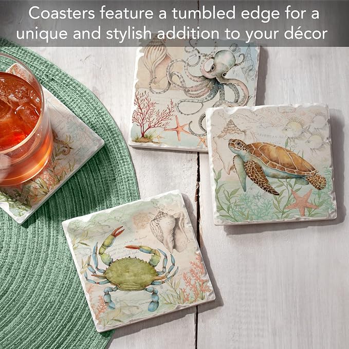 Thirstystone Beachy 4 Pack Assorted Tumbled Tile Stone Coasters with Protective Cork Backing Manufactured in The USA Absorbent Easily Wipes Clean (Caribbean Sea)