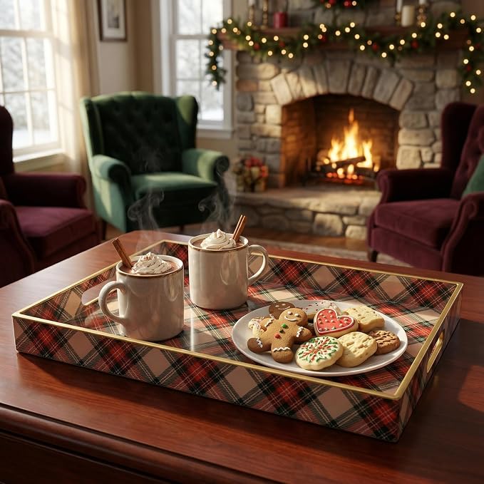 Rectangular Decorative Tray with Handles, Plastic Serving Tray for Living Room, Home Decor, Christmas，15.7" x 11.8" Red Plaid