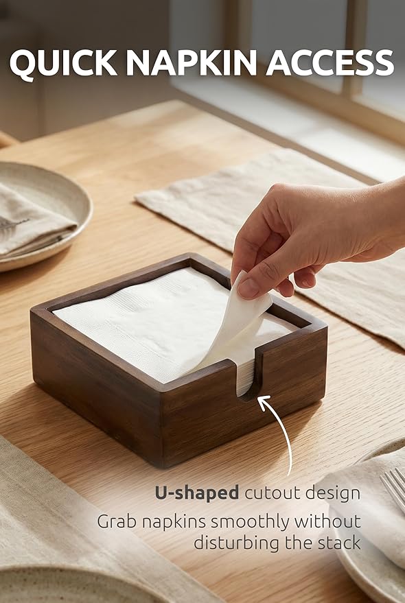 Acacia Cocktail Paper Napkin Holder Square 5.4x5.4 inches, Wood Flat Napkin Tray, Cocktail Napkin Caddy For Kitchen Décor, Restaurant Countertop Bar Accessories