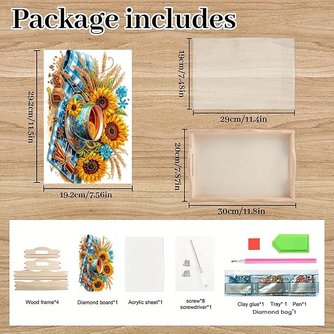 BAYUNOE DIY Diamond Serving Tray Christmas Rectangular Breakfast Tray with Handle Handmade Diamond Art Painting Wooden Tray for Dinner Plate Coffee Room Living Home Organizer-Afternoon Tea