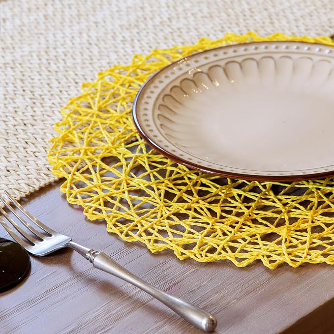 AHHFSMEI Paper Braided Round Placemats Set of 8 Natural Non-Slip Heat Resistant Table Mats for Dining Tables Woven Indoor Outdoor Place mats for(Yellow,8)