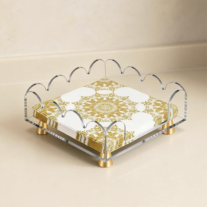 Acrylic Napkin Holder with Gold Metal Feet - Elegant Clear Tissue Organizer for Bathroom, Dining Table & Vanity (Square)