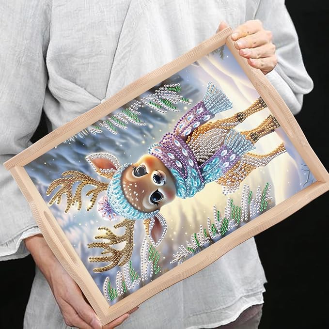 DIY Diamond Serving Tray Rectangular Breakfast Tray with Handle Handmade Diamond Art Painting Wooden Tray for Dinner Plate Coffee Room Living Home Organizer-Deer