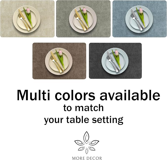 More Décor Faux Leather Placemats Set of 4 for Dining Table – Waterproof, Wipeable, Washable, Stain & Heat Resistant, Non-Slip Table Mats – 12 X 17 Inch, Dark Grey