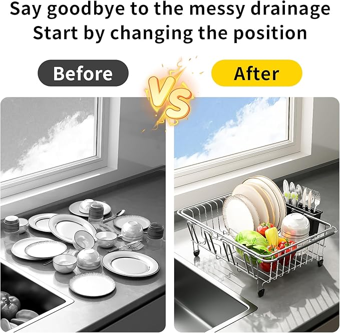 PureBox Expandable Over The Sink Dish Drying Rack - Adjustable Stainless Steel Dish Rack for Kitchen Counter or In-Sink, Heavy-Duty Rust-Proof Space Saving Drainer with Utensil Holder (15.5" to 23.2")