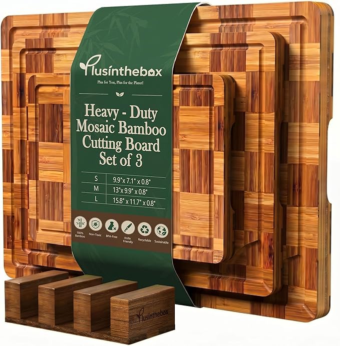 Cutting Board,Heavy Duty Cutting Board Set of 3 with Stand,End Grain Butcher Block Cutting Boards for Kitchen with Juice Grooves and Handles for Meat, Cheese, Charcuterie and Serving