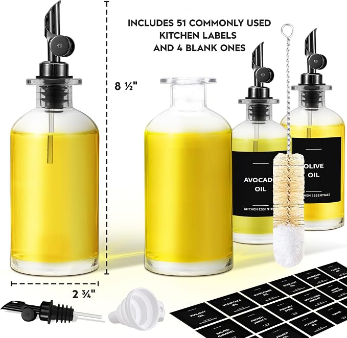 Spaceneat Oil Dispenser for Kitchen - Glass Olive Oil Bottle Set of 4 (11.8oz) with Black Weighted Self-Closing Pourer - Cooking Oil Dispenser with 66 Labels, Aligner & Funnel