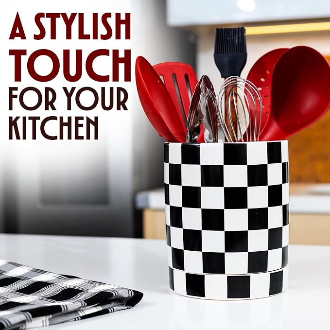 Checkered Utensil Holder for Kitchen Counter – Ceramic Utensil Holder for Checkered Kitchen Decor - Black and White Utensil Holder with Drainage Holes & Cork Base - Spatula Holder for Counter 7x6"