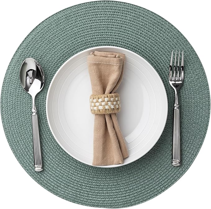 Baroyal Round Placemats Set of 12 Plastic Woven Placemats Washable Wipeable Table Mats for Dining Table Heat Resistant Non-Slip Circle Place Mats (Dusk Green)
