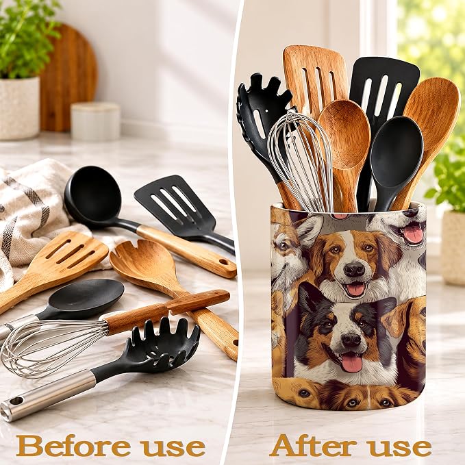 Cute Dog Utensil Holder for Countertop,Funny Ceramic Utensil Crock Organizer for Home Kitchen Spoons,Spatulas and Cooking Tools