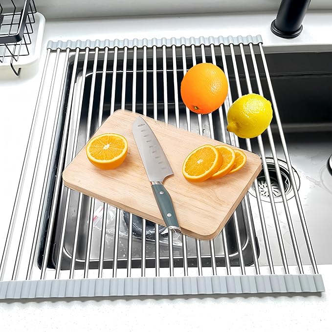 Roll Up Dish Drying Rack 21.3" x 15.8" Over The Sink Dish Drying Rack, Kitchen Dish Rack Stainless Steel Dish Drying Rack for Kitchen Sink Counter Storage (Grey)