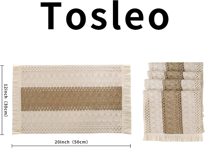 Farmhouse Placemats Set of 4 with Fringe Boho Placemats Macrame Table Decor Woven Placemats in Natural Burlap for Kitchen and Dining Table Centerpiece Home Decorations, Khaki