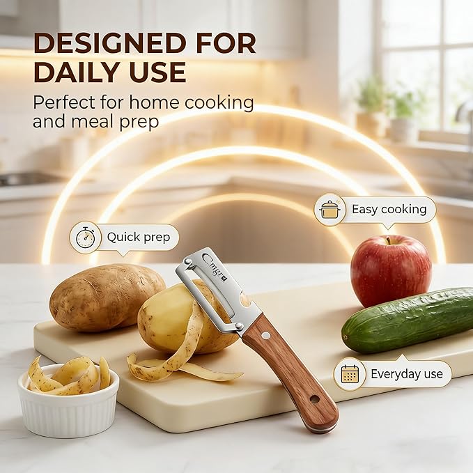 Vegetable Peeler, Multifunctional Stainless Steel Potato & Fruit Peeler with Bottle Opener, Wooden Handle Kitchen Tool, Zero Snag Design