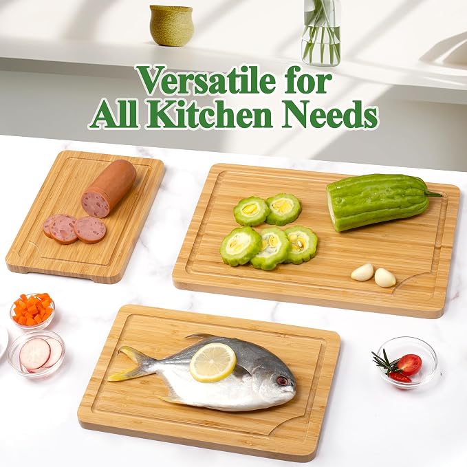 Bamboo Cutting Board For Kitchen, Bamboo Cutting Board Set of 3 with Juice Groove, Double-Sided Chopping Board Serving Board for Meat, Vegetables and Cheese