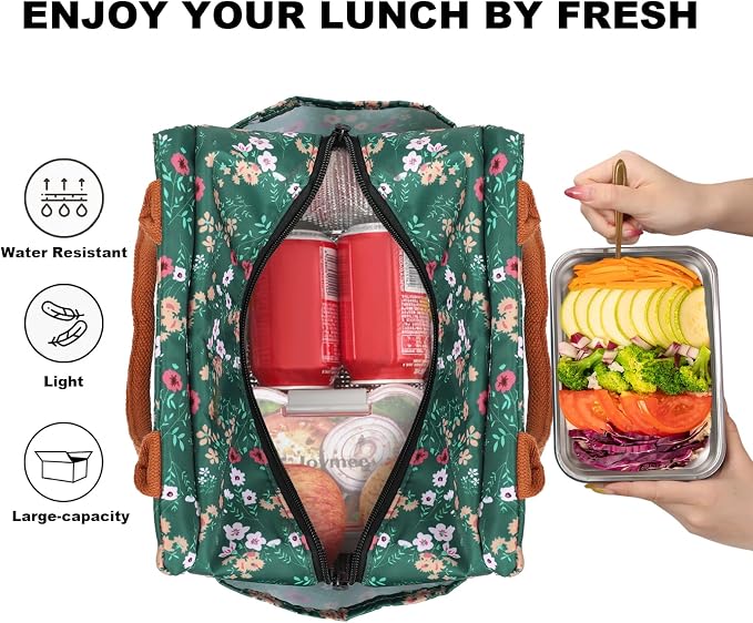 Joymee Insulated Lunch Bag for Women Reusable Leakproof - Green Floral | Spacious Storage, Bottle Holder & Pockets, Leakproof Insulated, for Work, Travel, Picnic, Daily Use, for Adult