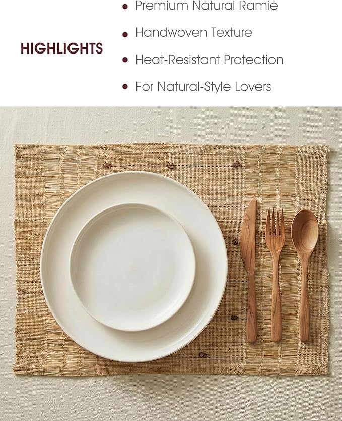 Placemats Set of 6, Ramie Placemats for Dining Table, Natural Woven Place Mats, Heat Resistant Washable Table Mats, Farmhouse Boho Table Decor, Housewarming Gift