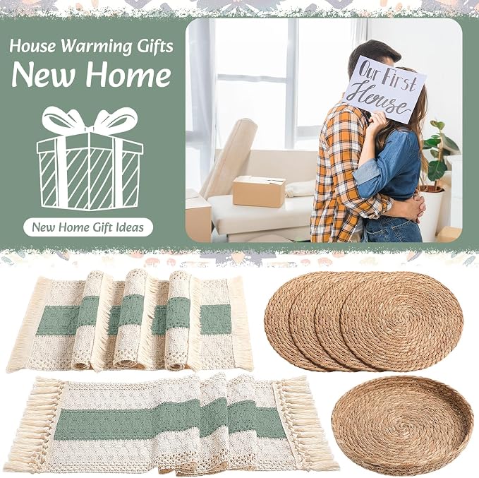 Boho Placemats 4/6/8 Set of Round Woven Placemat Macrame Style Bicolor Stitching Long Table Runner Farmhouse Rustic Natural Burlap Cotton for Kitchen Dining Table(4 Sets,Green,12x72)