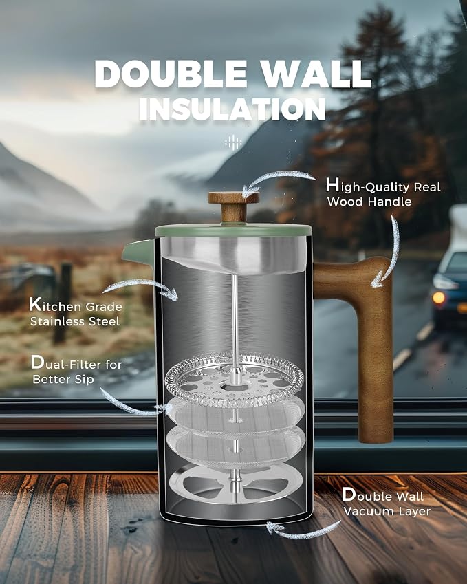 POLIVIAR French Press Coffee Maker, 34 oz Coffee Press with Real Wood Handle, Double Wall Insulation & Dual-Filter Screen, Food Grade Stainless Steel for Good Coffe and Tea (Flatland) | Real Wood Handle Coffee Press, Double Wall Insulation, Dual-Filter...