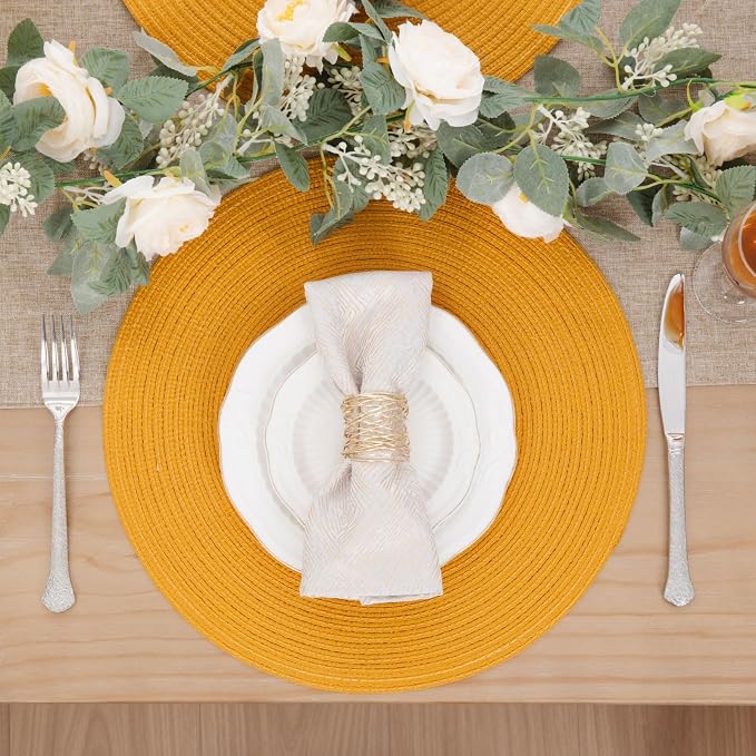 SHACOS 15 inch Round Braided Placemats Set of 6 Non Slip Washable Kitchen Table Place Mats Cotton Polyester Heat Resistant Table Mats for Home Wedding Dinner Party Table Decor, Mustard Yellow