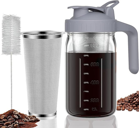 Cold Brew Coffee Maker Pitcher, 32 oz Thick Glass Mason Jar Spout Lid with Handle & Stainless Steel Filter for Iced Brew Coffee, Ice Lemonade, Sun Tea, Fruit Drinks Container