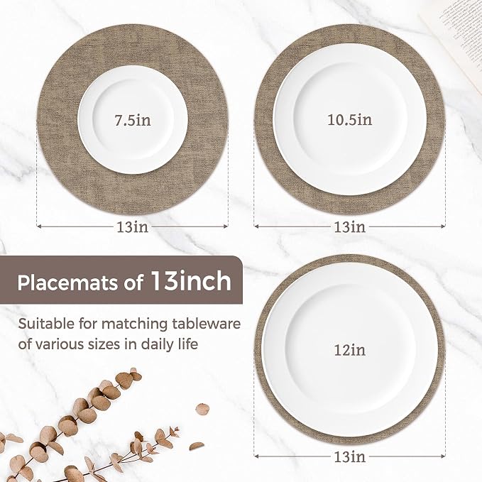 13" Round Placemats Set of 4, Reversible Faux Leather Heat Resistant Table Mats, Waterproof Oilproof Wipeable Table Protective Placemats for Vinyl, Washable for Indoor & Outdoor Use (4, Light Coffee)