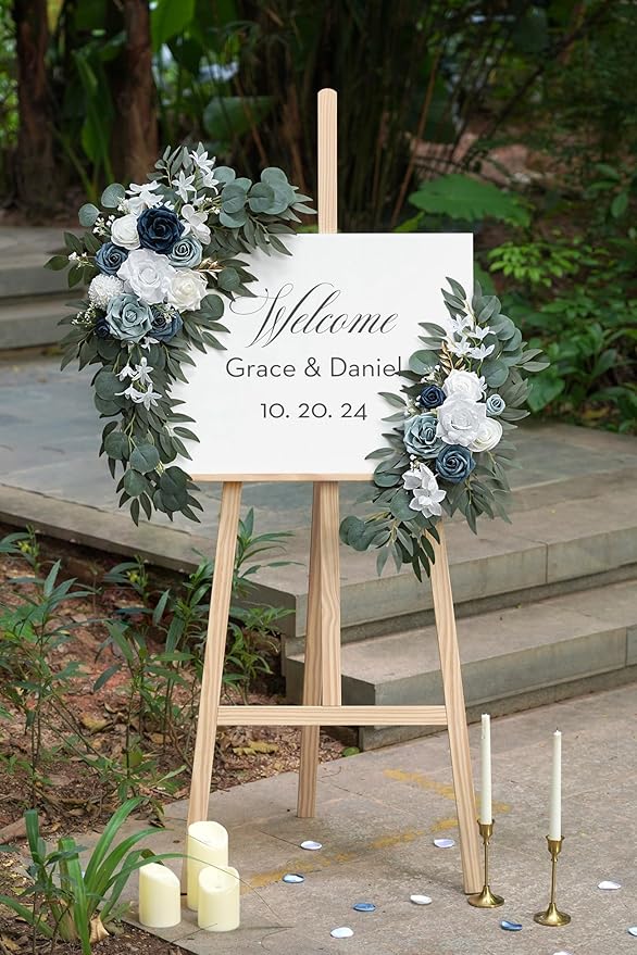 Olalaka Dusty Blue Flower for Wedding Welcome Signs Decorations, Artificial Wedding Arch Flowers for Wedding Ceremony (Set of 2)