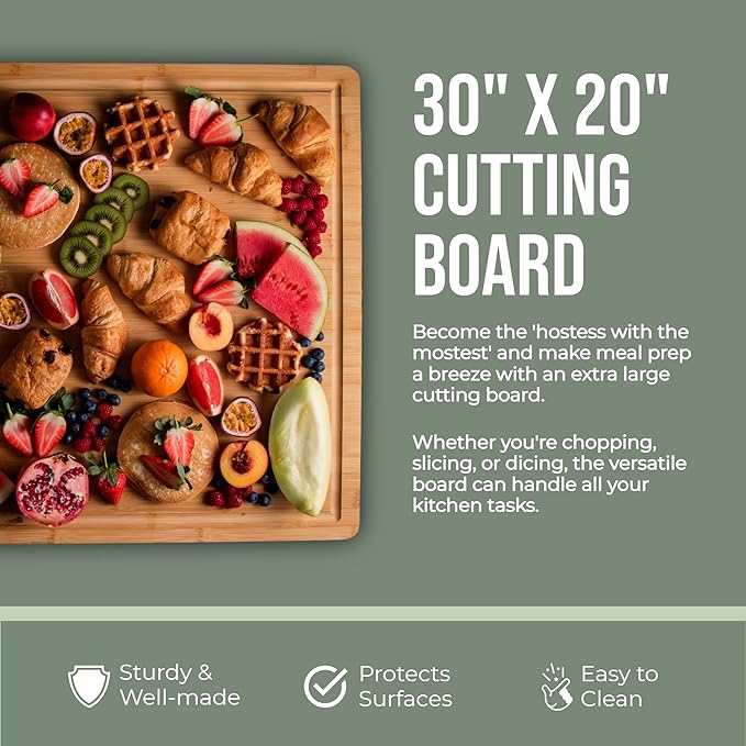 Extra Large Cutting Board for Kitchen 30 X 20 for Kitchens - Heavy Duty Bamboo Chopping Boards for Meat, Veg & Charcuterie - 30" Cutting Board Large Wooden Stove Top & Countertop (30" x 20")