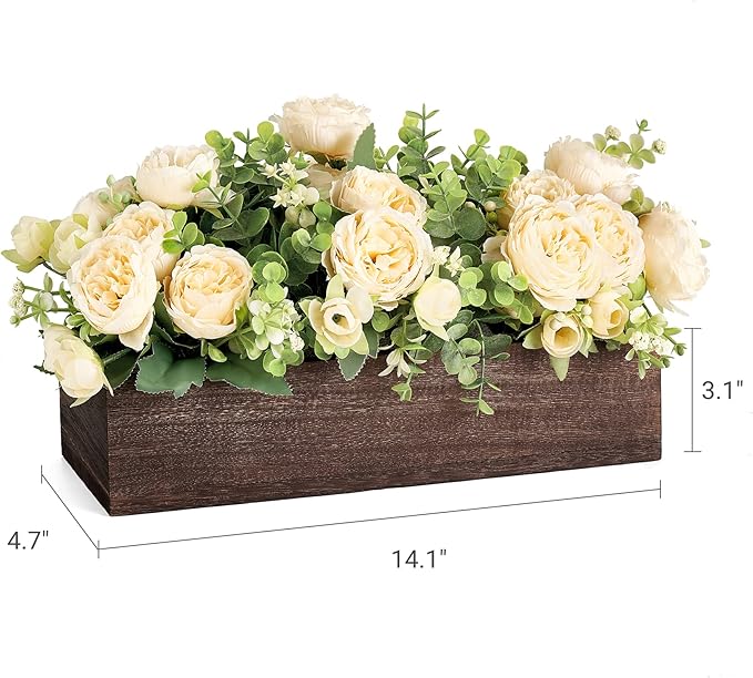 Dahey Centerpiece Table Decorations for Dining Room Farmhouse Table Centerpieces Decor Wood Tray with 3 Artificial Flowers and 2 Eucalyptus for Living Room Kitchen Table, 14.1" x 4.7" x 3.1"