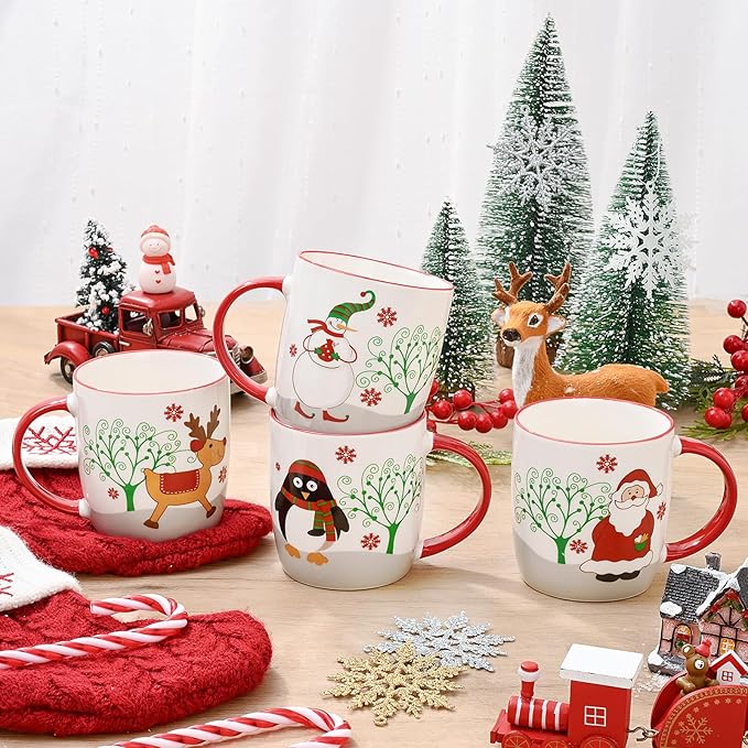 YHRJWN Christmas Mugs Set of 4, Merry Christmas Coffee Mugs with Reindeer, Santa, Snowman, Penguin Designs, Holiday Gifts for Family & Friends, 11 Oz