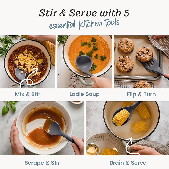 Starpack Stir and Serve Silicone Cooking Utensils Set (5-Piece, 11") - LFGB Non Toxic, 600°F Heat Resistant, BPA-Free - One-Piece Seamless, Dishwasher Safe - for Nonstick Cookware, Gray Black