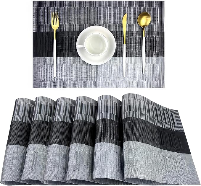 Wipeable PVC Vinyl Woven Table Placemat,Set of 6,Heat-Resistant Dining Mats for Kitchen, Indoor Outdoor Use,12×17 Inch,Silver Gray Gradient