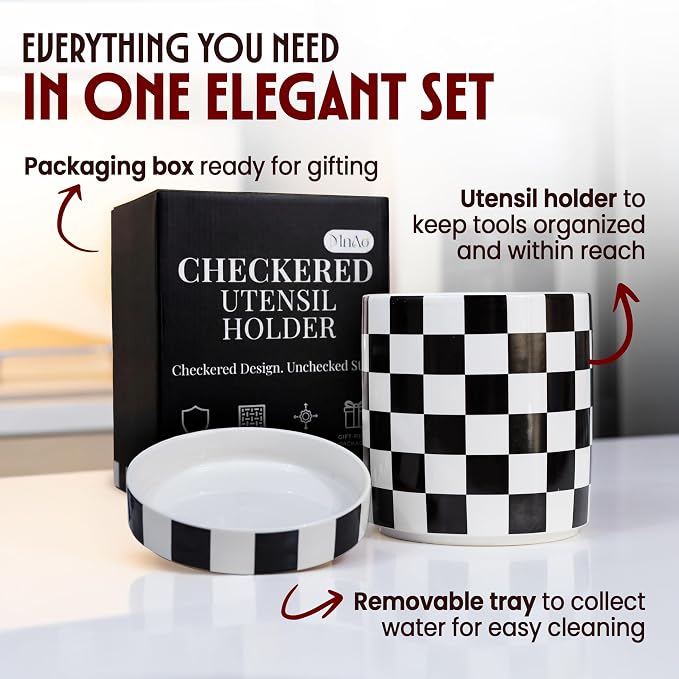 Checkered Utensil Holder for Kitchen Counter – Ceramic Utensil Holder for Checkered Kitchen Decor - Black and White Utensil Holder with Drainage Holes & Cork Base - Spatula Holder for Counter 7x6"