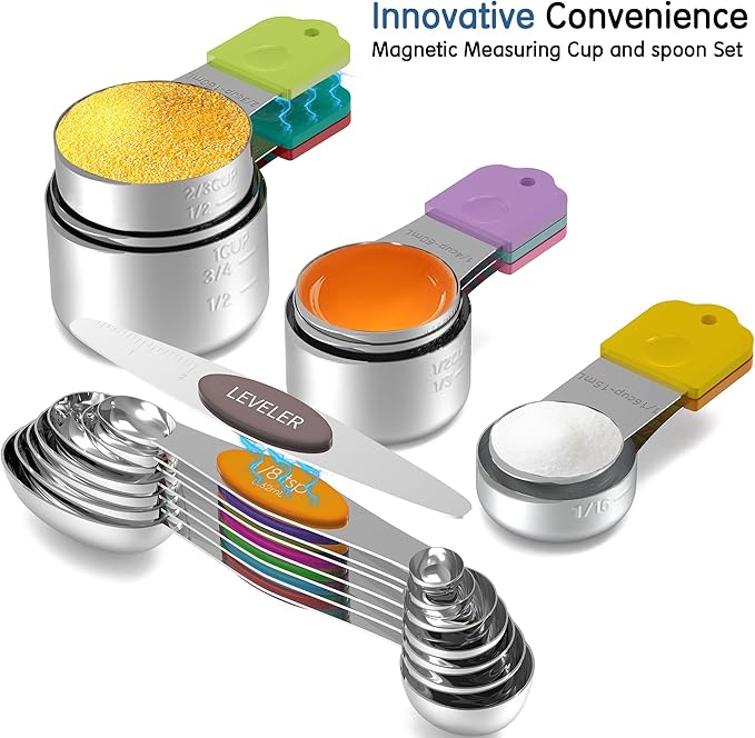Magnetic Measuring Cups and Spoons Set, 7 Nesting Stainless Steel Measuring Cup Set with Easy to Read Markings, 7 Magnetic Measuring Spoons & 1 Leveler for Measuring Dry or Liquid Ingredients