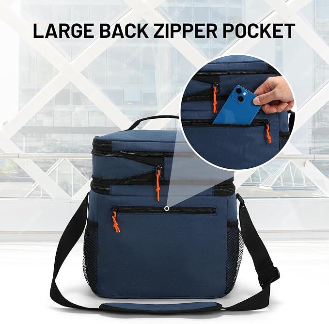 MIER Lunch Box for Men Expandable Insulated Dual Compartment Lunch Bag Leakproof Cooler Bag with Front and Back Pockets for Adult Work Travel Picnic Beach, Blue