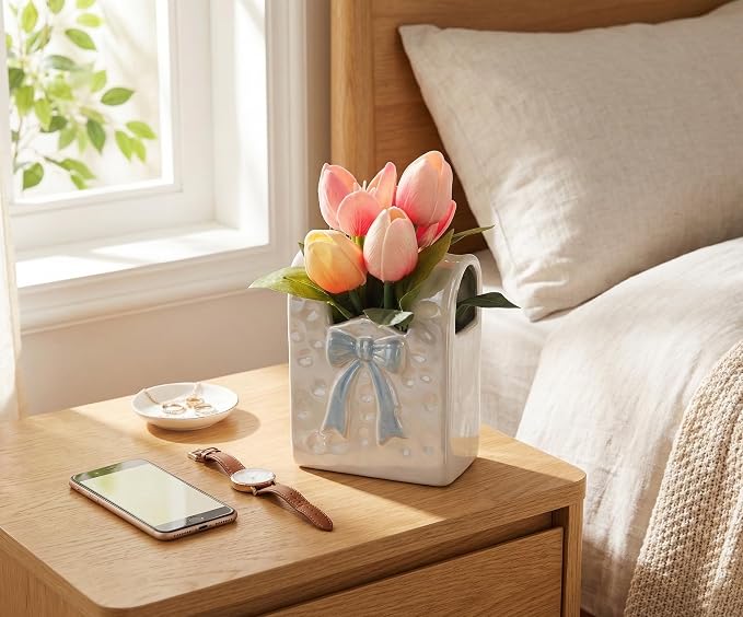 Spring Decor, Artificial Tulips in Ceramic Vase Spring Easter Table Centerpiece for Home Indoor Table Shelf Mantel Living Room Bathroom Bedroom Dining Coffee Bar Kitchen Decoration