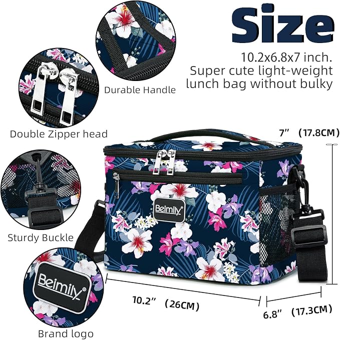 BEIMILY Lunch Box for Men/Women, Small Insulated Lunch Bag, Leak-Proof Soft Cooler Tote Bag, Reusable LunchBox for Work, Travel, Fitness, Picnic with Adjustable Shoulder Strap for Adults(floral white)