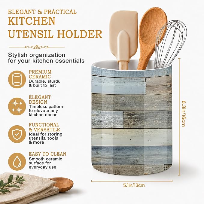 Rustic Wood Grain Kitchen Utensil Holder,Vintage Barn Wooden Ceramic Utensil Crock for Countertop,Cooking Tools Storage jar for Spatulas and Spoons,Housewarming Gifts 6.3"