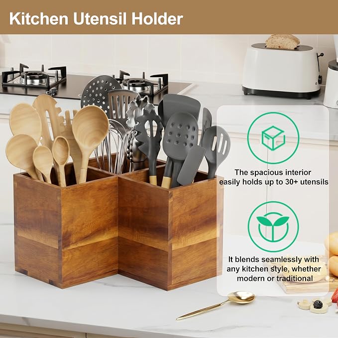 ZUJJAFY Utensil Holder, Corner Utensil Holder for Kitchen Counter, Acacia Wood Kitchen Utensil Holder for Countertop with 3 Compartments, Wooden Cooking Utensil Organizer for Spatula Storage