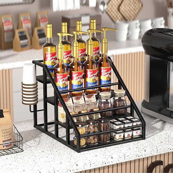 Coffee Syrup Rack Organizer, Spice Racks, Syrup Bottle Holder Stand for Coffee Bar, 4-Tier 16 Bottles Storage Shelves for Syrup, Wine, Dressing for Kitchen Countertop,Black