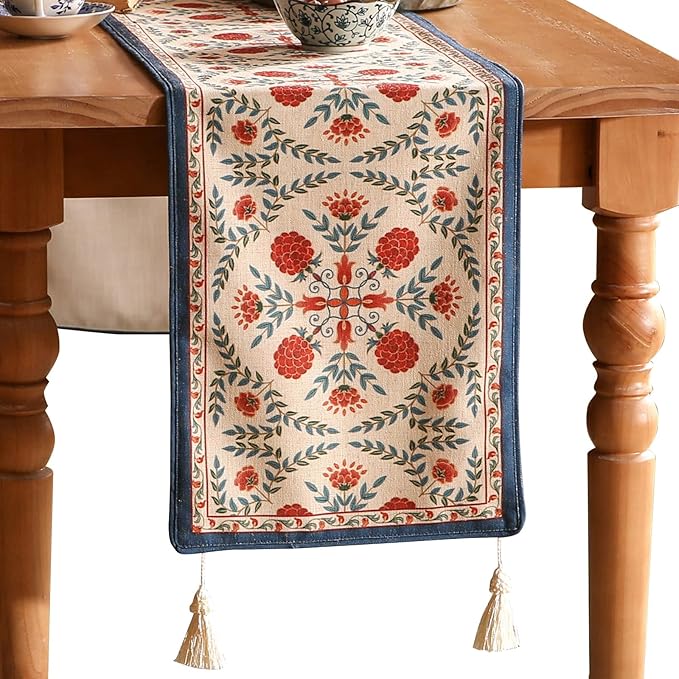 patdrea Designer Vintage Bright Farmhouse Extra Long Linen Table Runner 118 Inch Long, Maroon Floral Pattern Table Mat, Decor for Kitchen Dining Coffee Table Cabinet Banquet Christmas ,12"*118"