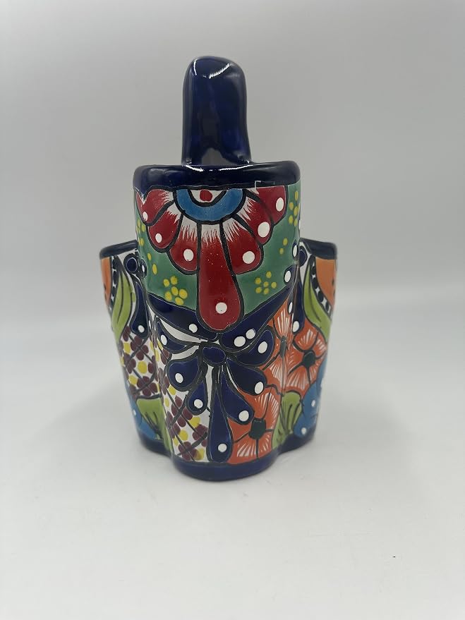 Generic Mexican Artisans Talavera Multicolor Ceramic Utensil Holder with 4 Compartments - Unique and Authentic Mexican Artwork, Colorful Kitchen Utensil Storage Pottery