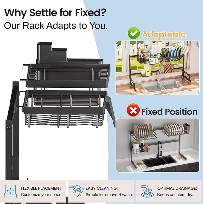 ADBIU Over The Sink Dish Drying Rack (Expandable Height and Length) Snap-On Design 2 Tier Large Dish Rack