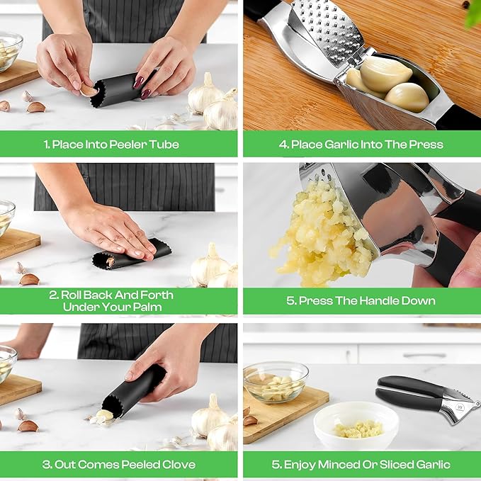 4-in-1 Garlic Press Set - Stainless Steel Garlic Press, Garlic Press, Chopper, Grinder, Grater, Mincer with Peeler, Silicone Tube Roller, Brush and Knife - The Essential Garlic Mincing Kit