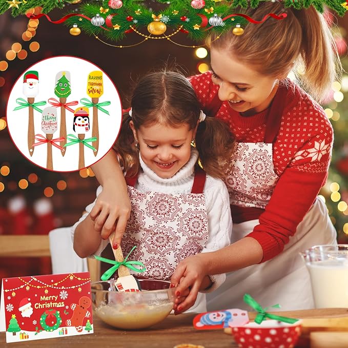 Newtay 5 Sets Christmas Silicone Spatula Cake Spatula Bulk Cooking Scraper with Wooden Handle Xmas Greeting Card Ribbon for Christmas Decoration Holiday Gifts Kitchen Party Favors (Cute Style)