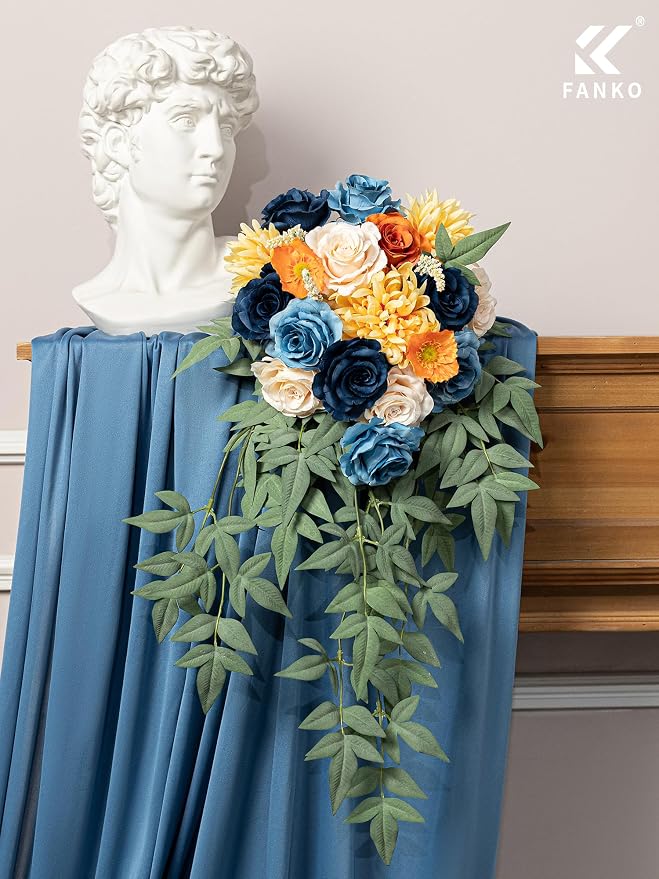 FANKO Artificial Flowers for DIY, Blue Peach Orange Yellow Faux Flowers Bouquet, Colorful Fake Rose Daisy Poppy Silk Flowers for Vase, Home Decor, Garland, Summer Wedding, Birthday, Party