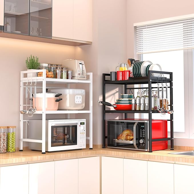 PUSDON Microwave Oven Rack, Adjustable Shelf Organizer 3-Tiers with 3 Hooks, & 160lbs Capacity for Kitchen Counter, White